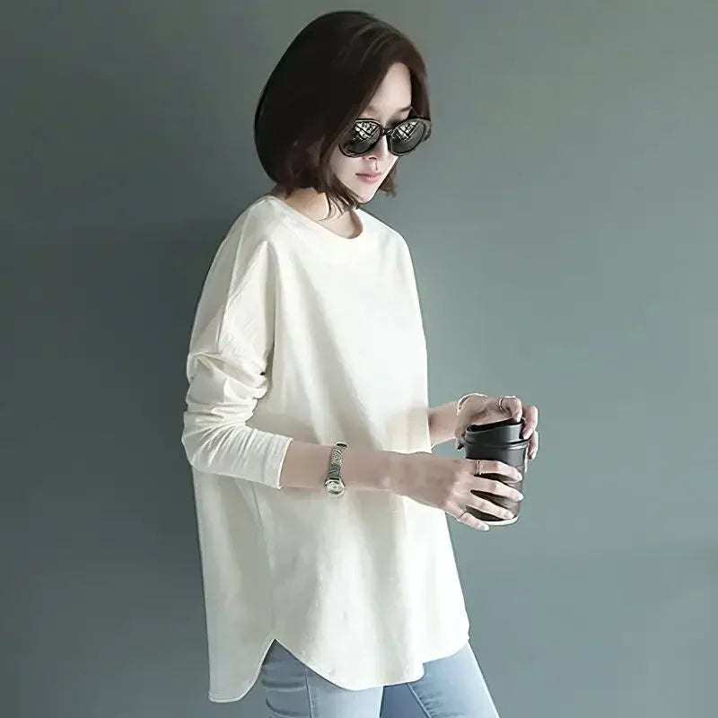 Woman Tshirts Sweater Long Sleeve White T-Shirt Women Loose round Collar in Black Ropa Mujer Camisetas