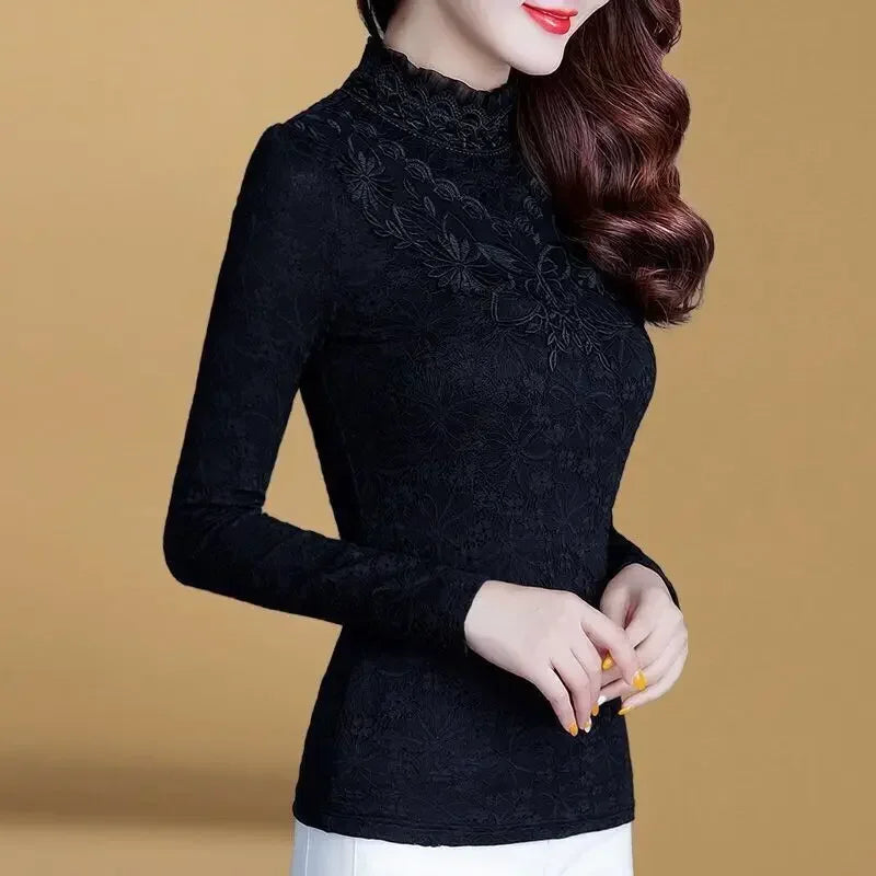Woman Tshirts Autumn Winter Long Sleeve Lace Collar Top T-Shirt for Women Tops Mujer Camisetas