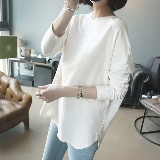 Woman Tshirts Sweater Long Sleeve White T-Shirt Women Loose round Collar in Black Ropa Mujer Camisetas