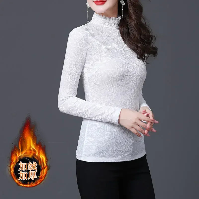 Woman Tshirts Autumn Winter Long Sleeve Lace Collar Top T-Shirt for Women Tops Mujer Camisetas