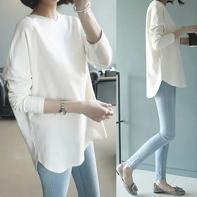 Woman Tshirts Sweater Long Sleeve White T-Shirt Women Loose round Collar in Black Ropa Mujer Camisetas