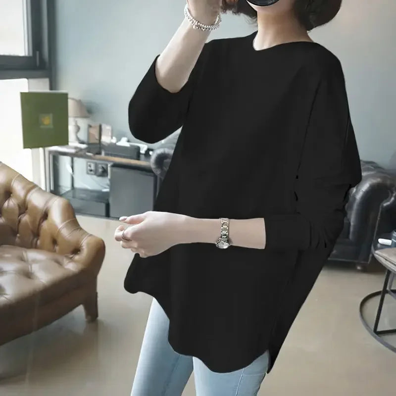 Woman Tshirts Sweater Long Sleeve White T-Shirt Women Loose round Collar in Black Ropa Mujer Camisetas