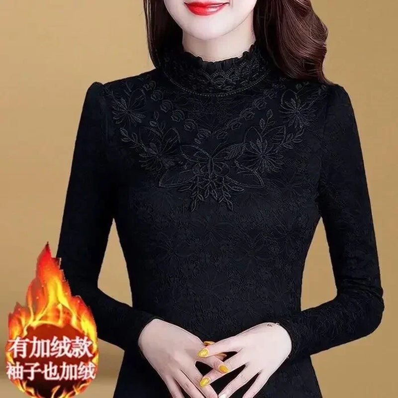 Woman Tshirts Autumn Winter Long Sleeve Lace Collar Top T-Shirt for Women Tops Mujer Camisetas