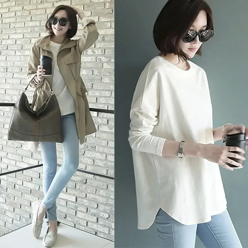 Woman Tshirts Sweater Long Sleeve White T-Shirt Women Loose round Collar in Black Ropa Mujer Camisetas