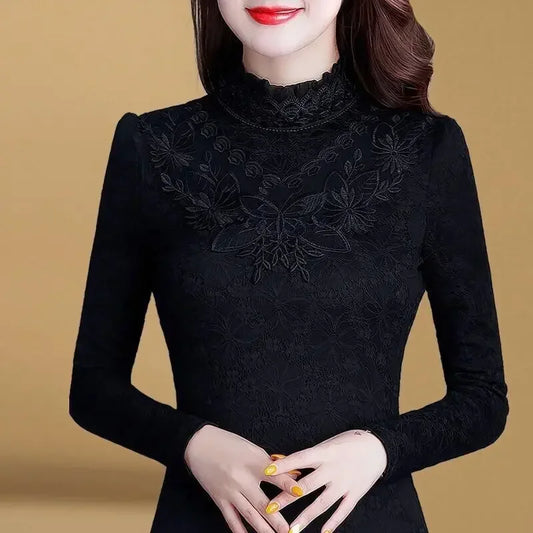 Woman Tshirts Autumn Winter Long Sleeve Lace Collar Top T-Shirt for Women Tops Mujer Camisetas