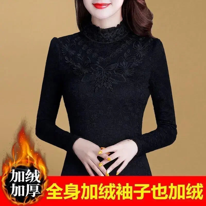 Woman Tshirts Autumn Winter Long Sleeve Lace Collar Top T-Shirt for Women Tops Mujer Camisetas