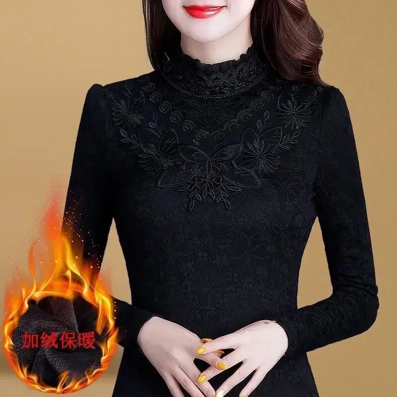 Woman Tshirts Autumn Winter Long Sleeve Lace Collar Top T-Shirt for Women Tops Mujer Camisetas